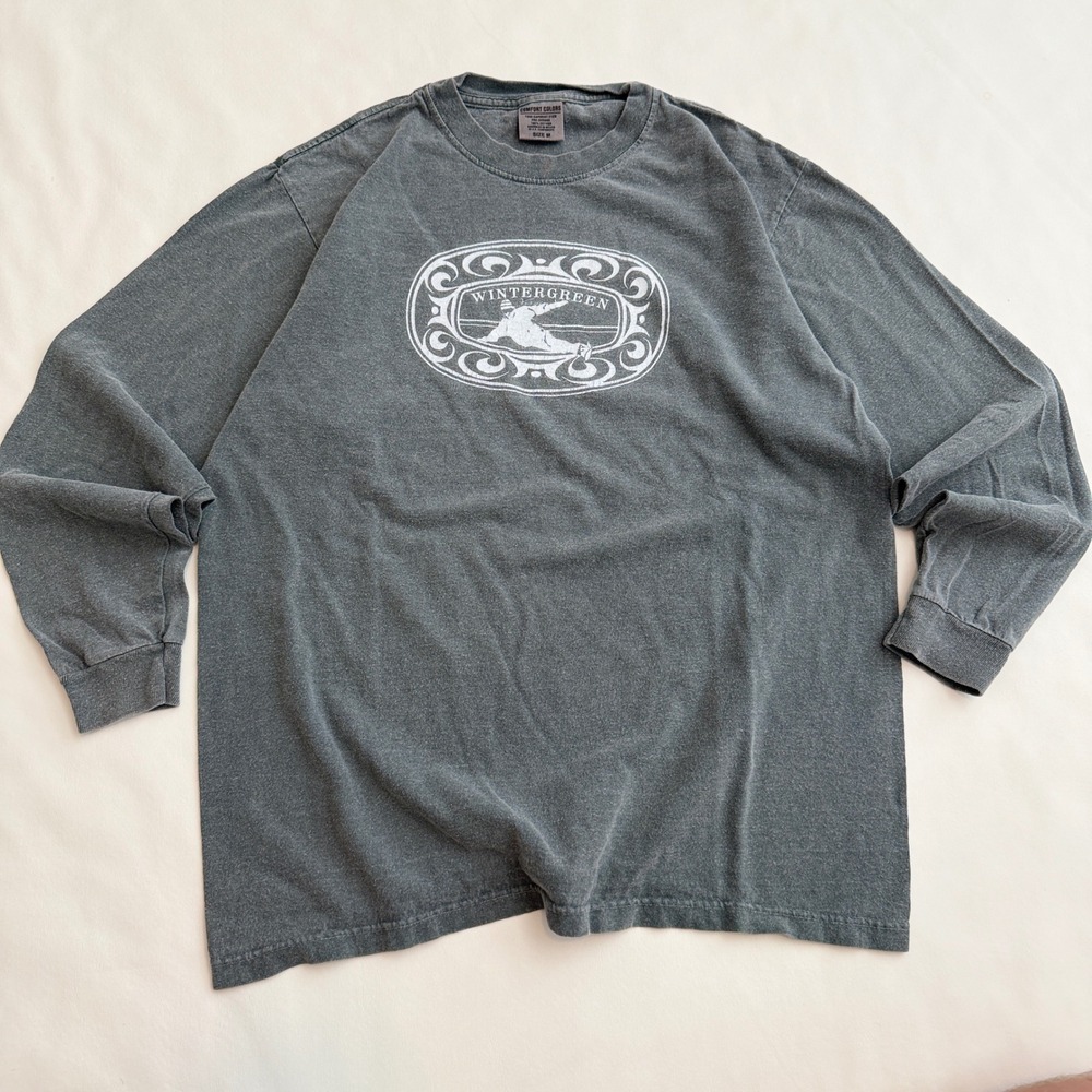 Y2K Comfort Colors Long Sleeve T-Shirt Men Size M Gray Wintergreen Skiing